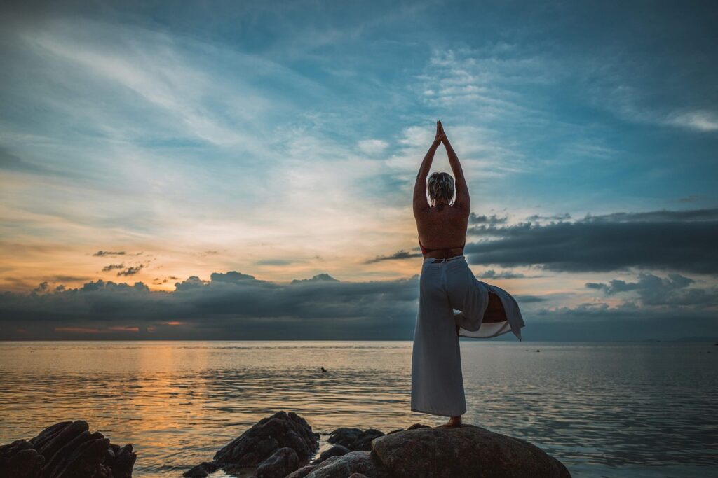 yoga, yoga pose, asana, sunset, woman, meditation, namaste, pose, meditate, healthy, fitness, lifestyle, body, relax, nature, stretch, landscape, stretching, sea, ocean, sky, clouds, international yoga day