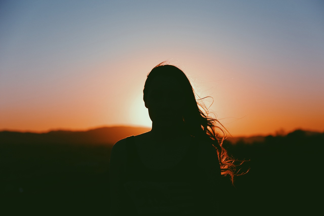 girl, woman, looking, silhouette, sunset, dusk, nature, evening, shadow, people